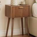 Night Stand, Walnut Nightstand with Fluted Door, Small Modern Mid-Century Bedside Table for Bedroom, End Table for Living Room