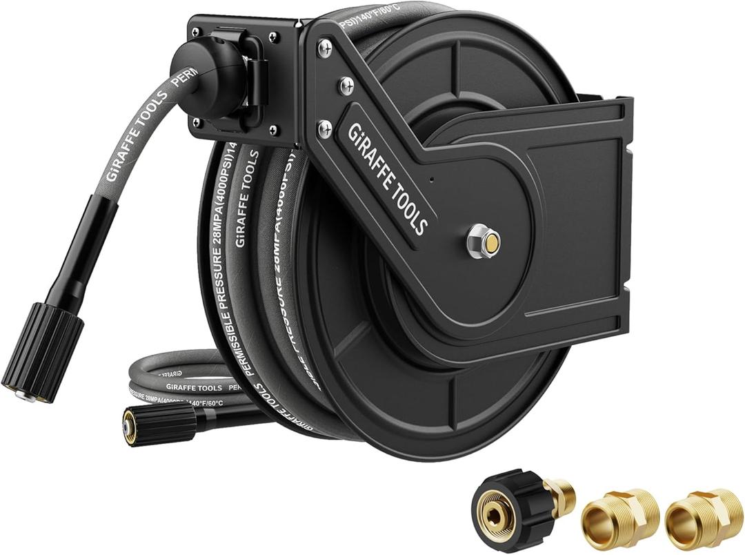 Giraffe Tools Pressure Washer Hose Reel with 60ft Replaceable Hose, Power Washer Retractable Hose Reel, Heavy Duty, Wall/Floor Mounted, 4000 PSI