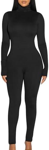 BORIFLORS Long Sleeve Jumpsuit for Women Sexy Turtleneck One Piece Bodycon Rompers Clubwear M