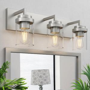 Bathroom Lighting Fixtures, 3-Light Bathroom Vanity Lights Over Mirror, Brushed Nickel Vanity Light with Glass Shade, Modern Vanity Lighting Fixtures for Bathroom, Bedroom, Hallway