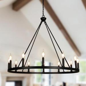 12-Light Candle Style Black Wagon Wheel Chandelier, Retro Farmhouse Country Style Industrial Large Round Pendant Light Fixture for Living Room, Dining Room, Foyer, Entryway, Black 