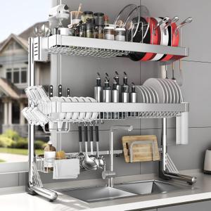 Over The Sink Dish Drainer Drying Rack 3 Tier, Full Stainless Steel Dish Drying Rack Adjustable Length 20.9''-37.4'' , Kitchen Sink Shelf, Organized Space-Saving Dish Rack with Pots and Pans Rack (Silver)