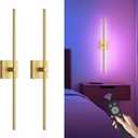 Battery Operated Wall Sconce with Remote Control, 10000mAh Dimmable Wall Sconces Set of Two, 2700K-6500K Adjustable, 7 RGB Colors, Rechargeable LED Wireless Wall Lights for Bedroom, Gold, 32 Inch