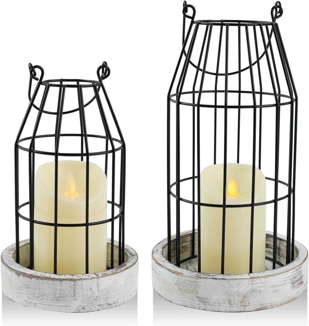 Farmhouse Lanterns - Set of 2 Rustic Home Decor with Flameless Candles, Wire Metal Cloche Decorative Candle Holders for Living Room, Fireplace Mantel, Dining Table (White)