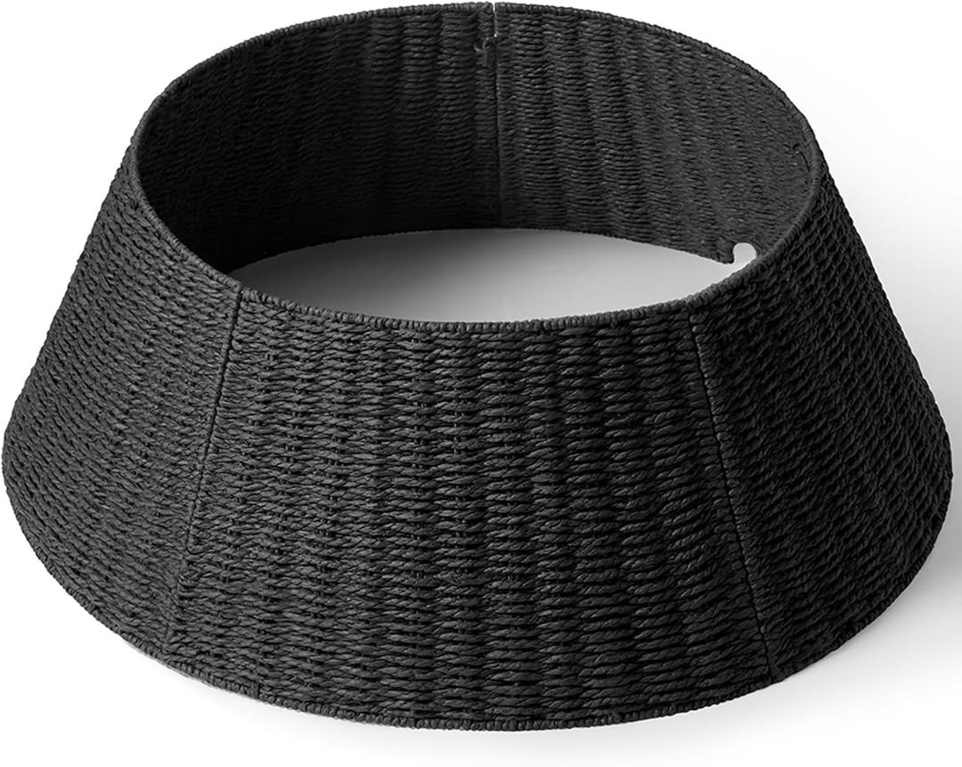 28in Christmas Tree Collar - Wicker Woven Tree Collars for Artificial Trees - Handmade Rattan Rustic Farmhouse Basket for Tree Base Cover with Cord Cut-Out for 6ft 7.5ft 8ft Trees (Black)