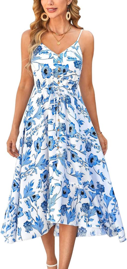 BROVAVE Women's 2025 Summer Casual Boho Sundress Polka Dot Spaghetti Strap V Neck Flowy Midi Dresses (Medium, 008 White Blue Floral)