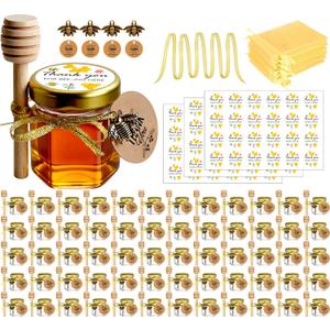 Small Honey Jar, Mini Honey Jars with Dipper, Glass Honey Pot Baby Shower Favors, Party Favors & Wedding Favors, Hexagon Honey Container w/ Lid, Bee Charms, Fabric Ribbons and Bags, 60 Pack 1.5oz