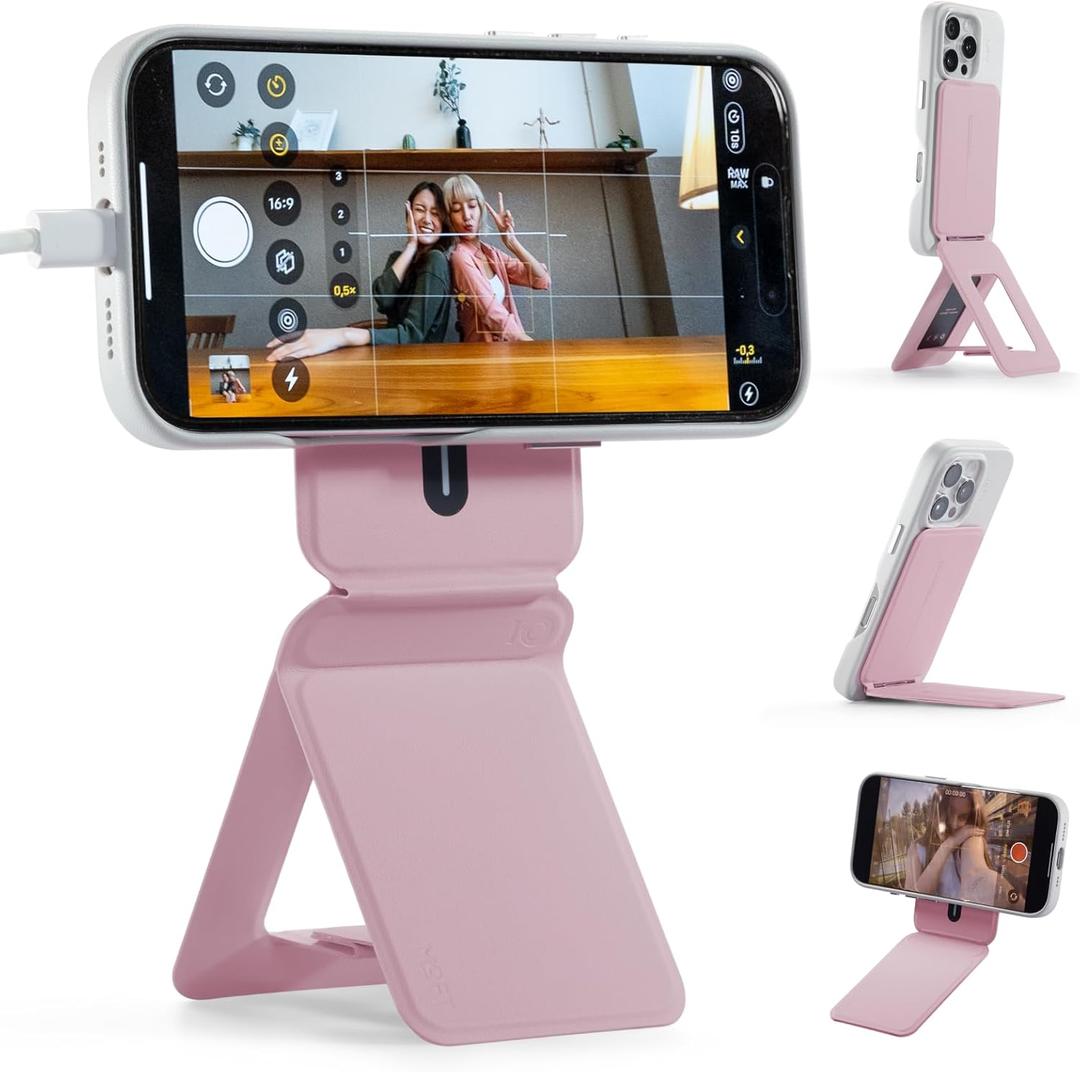 MOFT Phone Tripod Stand Selfie Stick for iPhone, Multi-Angles iPhone Stand, Lightweight & Portable Phone Holder, Strong Magnets, MOVAS Vegan Leather, Travel Essentials, Blush(Without Card Slot)