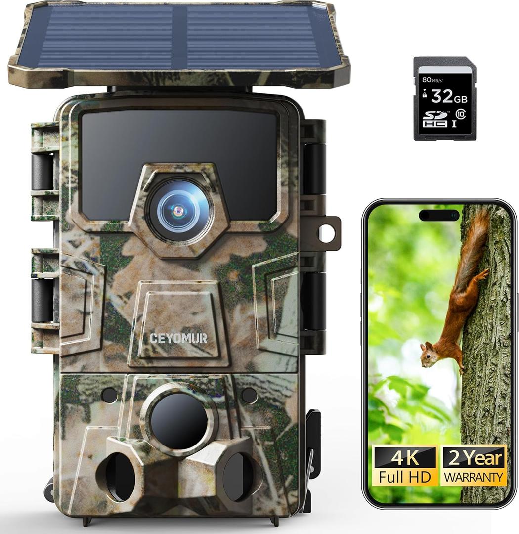 CEYOMUR 4K Solar Trail Camera, 60MP WiFi 6 Trail Cam with Night Vision 0.1s Trigger Motion Activated, Game Camera with 5200mAh Built-in Lithium Battery for Wildlife Observation with 32GB SD Card