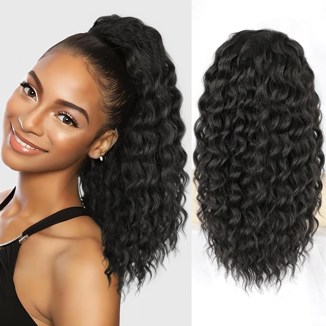 Ponytail Extension, Curly Drawstring Ponytail Extension for Women 18 Inch Curly Wavy Ponytail Yaki Textured Natural Fluffy Synthetic Hairpiece for Daily Use