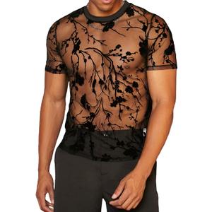 WDIRARA Men's Floral Print See Through Round Neck Short Sleeve Mesh Tshirt Party Top (Medium, Black)