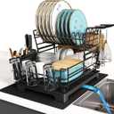 BOOSINY 2 Tier Black Large Stainless Steel Dish Drainers Drying Rack for Kitchen Counter with Drainboard, Rust Proof Metal, Space Saving, Modern Aesthetic, Compact Plates Strainers with Extra Mat