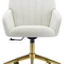 YISHENG Velvet Home Office Chair with Gold Base Upholstered Tufted Modern Height Adjustable 360 Degree Swivel Desk Chair with Wheels, Vanity Chairs for Living Room, Bedroom,Study Room (Cream)