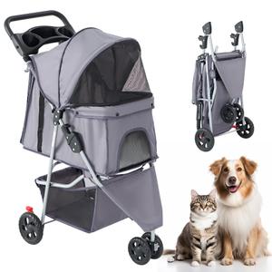 KMFurnila 3 Wheel Pet Stroller for Dogs and Cats, Foldable, Lightweight and Durable, Ideal for Small to Medium Pets, Includes Storage Basket and Cup Holders, 29.1" x 17.7" x 39.4"