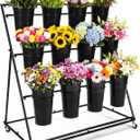 Flower Plant Display Stand with Buckets 43 Inch Tall 3 Layers Metal Stand Cart Holder Moving Florist Bouquet Shelf for Fresh Flower Bar Shop Decor Patio Garden Outdoor Pop-up Events (Black)