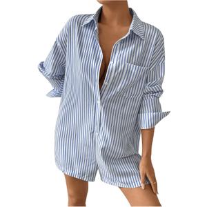 Floerns Women's Solid Button Down Long Sleeve Drop Shoulder Shirt Short Romper (Large, Light Blue)