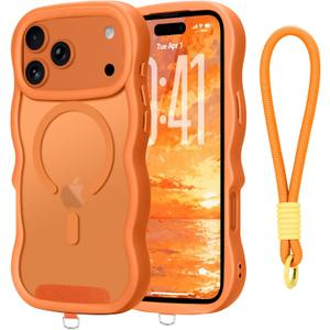 for iPhone 17 Pro Max Case with Wrist Strap, Wavy Frame Cute Translucent Matte Hard Cover Compatible with Magsafe Shockproof Bumper Phone Case for iPhone 17 Pro Max Women Girls, Cosmic Orange