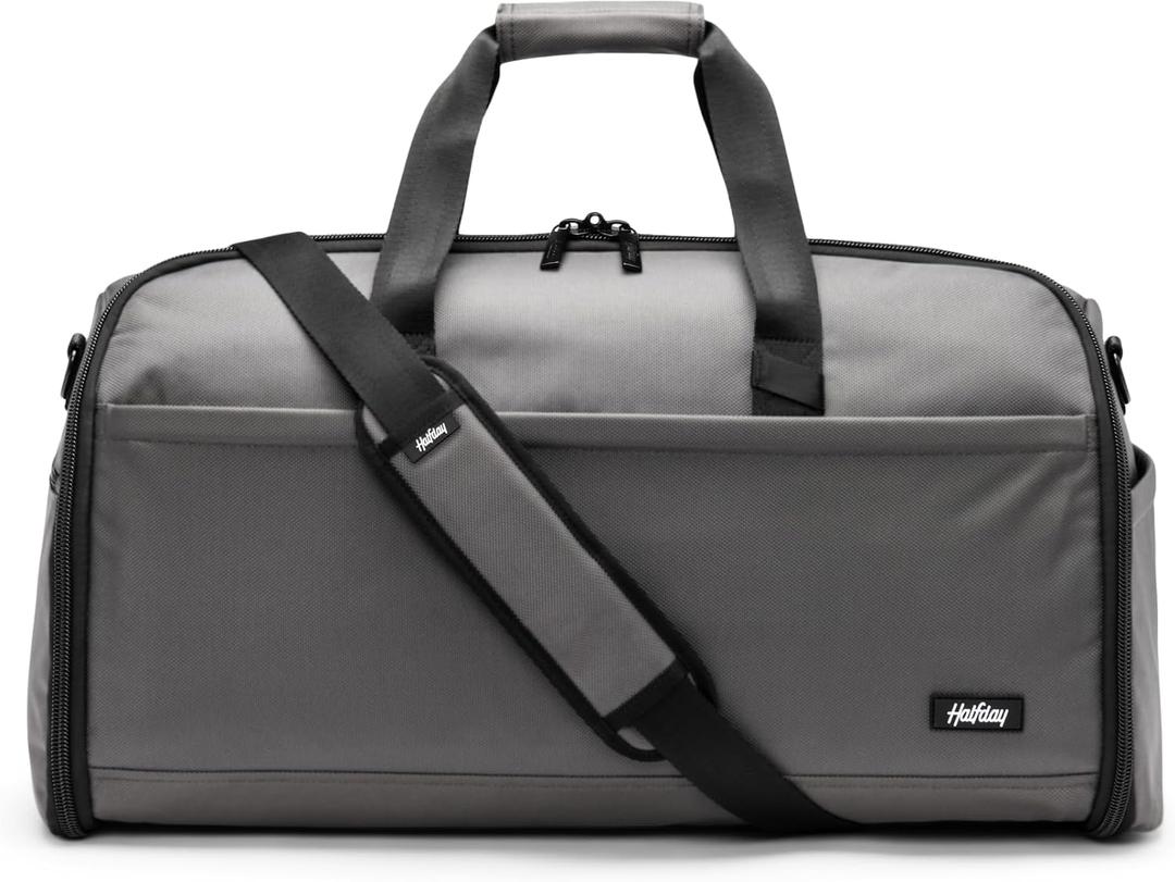 Halfday Convertible 2-in-1 Premium Garment Duffel Weekender Bag 45L: Wrinkle-Free Travel (Hanging Suit Compartment, Shoe Pockets, Trolley Sleeve), Balistic Nylon Carry-on, Ash