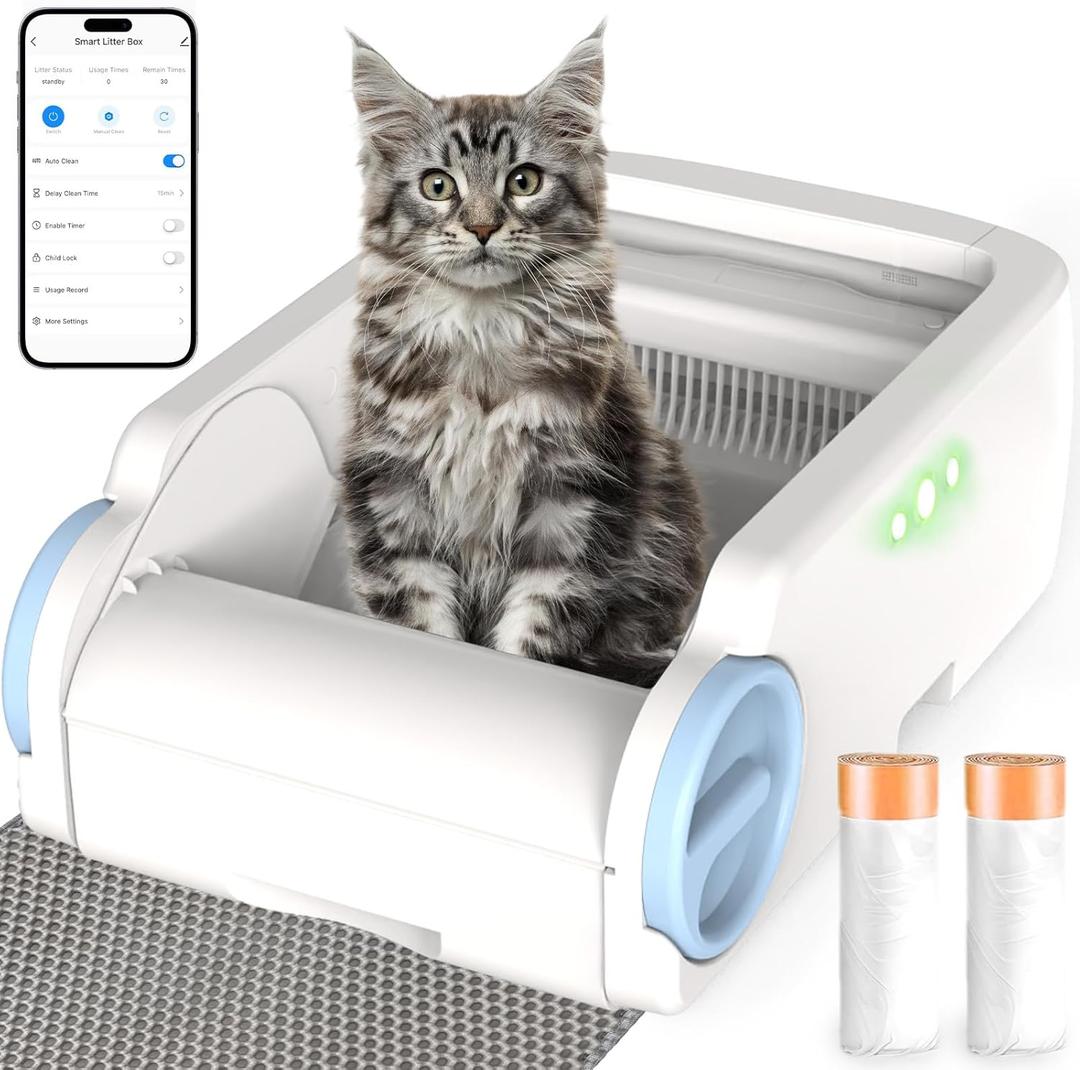 Self Cleaning Cat Litter Box, Open-Top Automatic Litter Box for Multiple Cats with App Control, Safety Sensors Protection, Odor Control Includes 2 Roll Waste Bin Liners and 1 Litter Mat, White