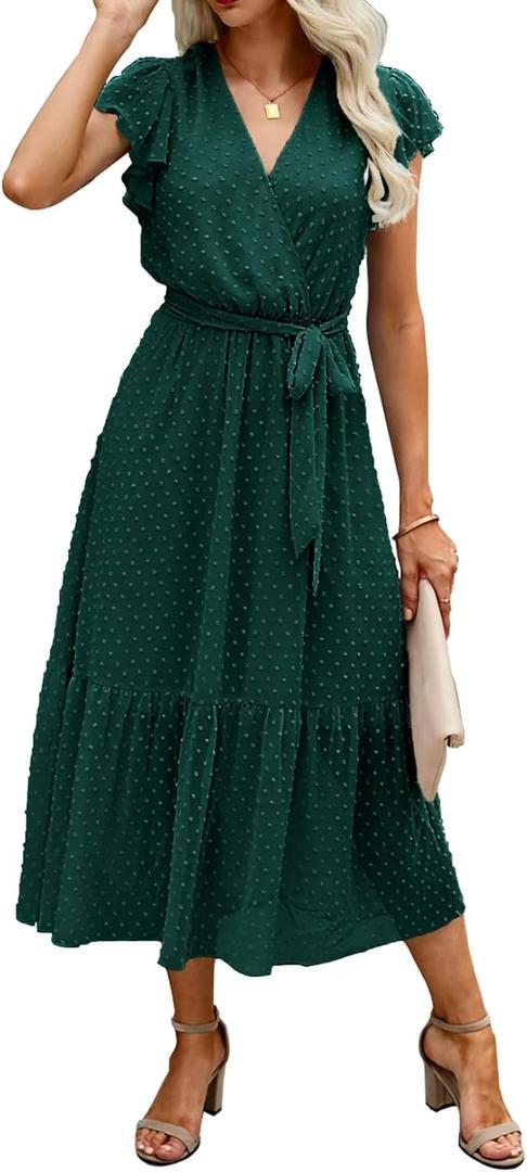BTFBM Women Summer Bohemian Floral Casual Wrap V Neck Ruffle Cap Sleeveless Belt A-Line Pleated Hem Midi Sun Dress White (Swiss Dot Dark Green), Size Medium