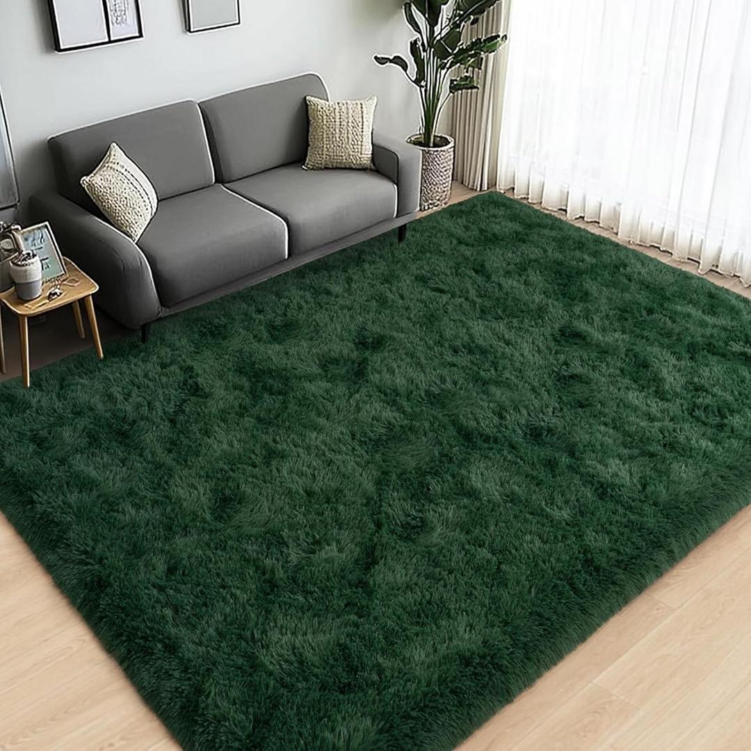 Large Area Rugs for Living Room Bedroom, 4x6 Feet Dark Green Fluffy Shag Rugs, Ultra Soft Shaggy Plush Fuzzy Modern Indoor Throw Floor Carpet for Girls Boys Dorm Nursery Home Decor Aesthetic