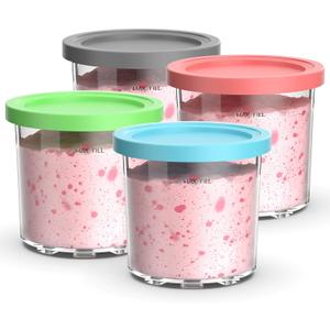 Containers Replacement for Ninja Creami Pints and Lids - 4 Pack,16oz Ice Creamy Containers Cups Jars Canisters Set Compatible with NC299AMZ & NC300s Series Ice Cream Maker- 4 Pack Pink Grey Blue