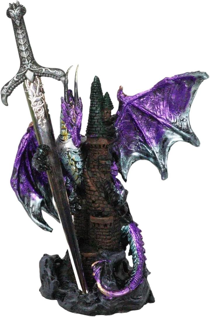 Ebros Gift Legendary Pacific Purple Metallic Armored Knight Dragon Holding Castle Tower and Gothic Sword Letter Opener Figurine Home Office Decorative Sculpture Medieval Dungeons Dragons Fantasy