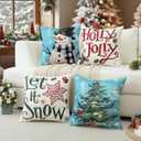 Artscope Christmas Tree Snowman Throw Pillow Covers 16x16 Inch Set of 4, Let It Snow Holly Jolly Winter Hoilday Christmas Decoration Pillow Cases for Home Sofa Couch Decor-Blue