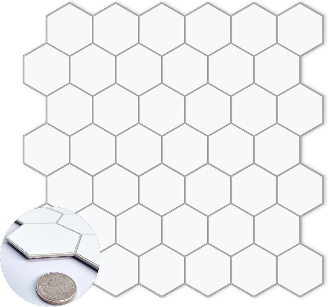 10-Sheet Hexagon Peel and Stick Tile Backsplash,Waterproof Stick on Backsplash, 11.42" x 11.42" Self-Adhesive Marble Tiles for Kitchen,Bathroom,Bedroom (White)