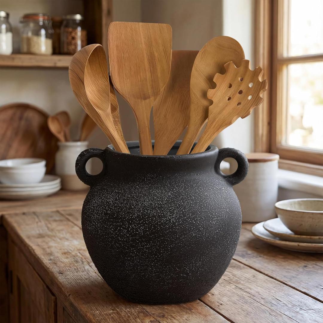 Qinyoung Rustic Kitchen Utensil Holder 6 Inch Small Ceramic Utensil Holder with Handle Vintage Crock Decoration Spatula Organizer for Kitchen Countertop Farmhouse Party Supplies (Black, Elegant)