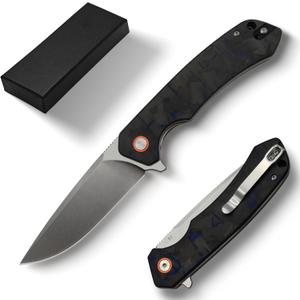 Pocket Folding Knife (EDC) - 3.27" D2 Steel Blade, Carbon Fiber Handle, Stone Washed Finish - With Pocket Clip & Lanyard Hole, Suitable for Men & Women, Ideal for Camping, Survival Adventures, and Hiking (Black & Bule)