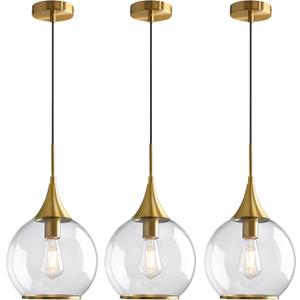 Pendant Lights Kitchen Island: 3 Pack Gold Light Fixture Modern with Clear Glass - 10 Inch Mid Century Globe Kitchen Lighting Fixtures Ceiling for Foyer Bedroom