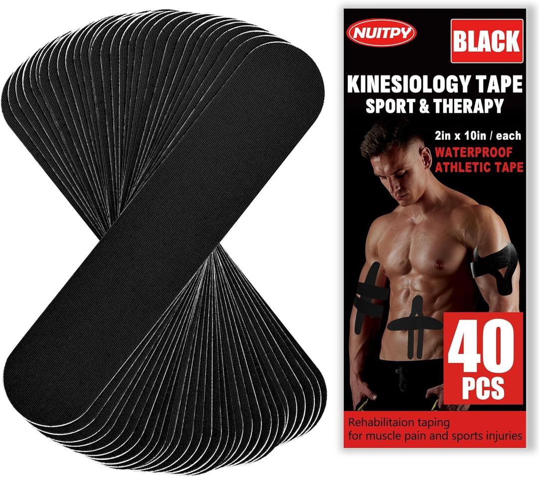 40PCS Precut Kinesiology Tape Strips, 2 inch x 10 inch Athletic Tape, Kinetic Tape, Elastic Muscle Tape, Sports Tape, Knee Tape for Exercise and Daily Use - Black