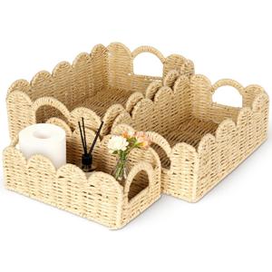 Hand Woven Paper Rope Scalloped Edge Decor Baskets for Home,Living Room, Bedroom,Storage over Above Behind Flush Tank,Toilet Basket,end Table,Shelves-Easily Fit with or Bedroom Decor,Set 3(Natural)