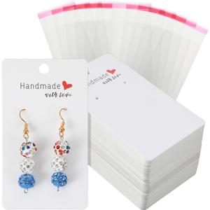 Nogeqi 100PCS 2x3.5 Inch Earring Display Cards with 100PCS Self Adhesive Bags, Handmade with Love Earring Holder Cards for Selling Jewelry Necklace Display Hanging Retail (White)
