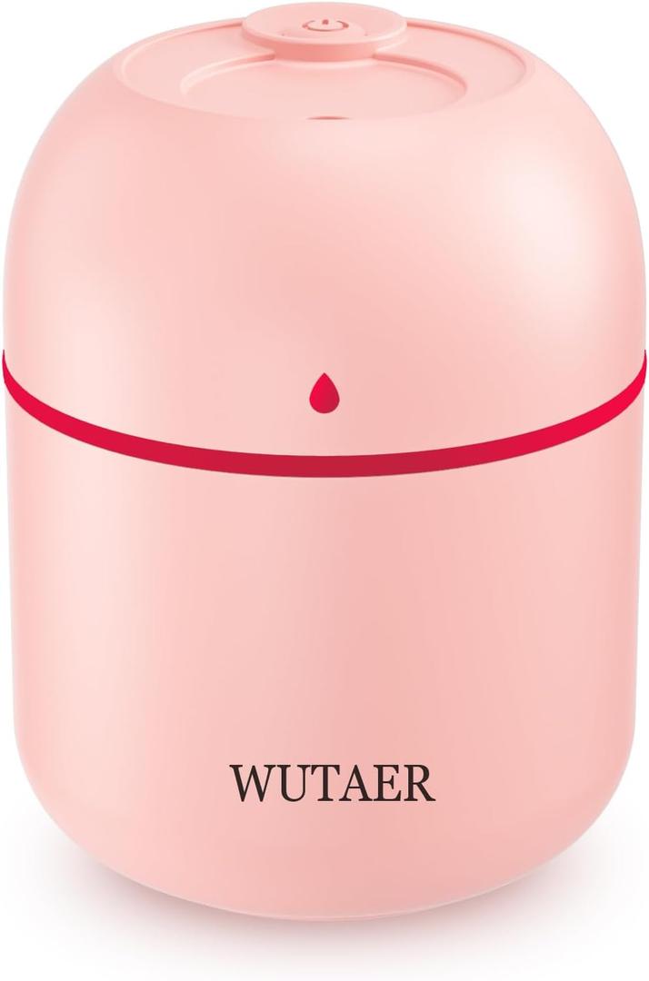 Portable Small Humidifier, WUTAER USB Personal Desktop Humidifier for Car, Office Room, Bedroom, Auto Shut-Off, 2 Mist Modes, Super Quiet(220ml, Pink)