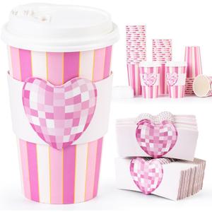 Perfect Mothers Day Gift50 Pack Sparkling Pink Disco Heart 16oz Disposable Coffee Cups with Lids & Sleeves -Premium Paper Cups for Mother's Day Wedding Birthday Baby Shower Supplies & Gifting