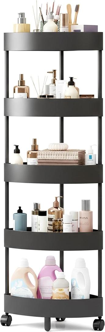 Durable 5-Tier Corner Storage Shelf with Wheels  Triangle Rolling Rack for Bathroom Organizers and Storage  Space-Saving Black Plastic