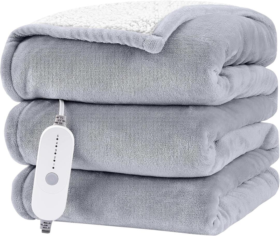 HYLEORY Heated Electric Blanket Full 72"x84" Soft Fleece & Flannel with 5 Heating Levels & 10 Hours Timer Auto Shutt Off, ETL Certified, WashableHeated Blanket for Body-Light Grey