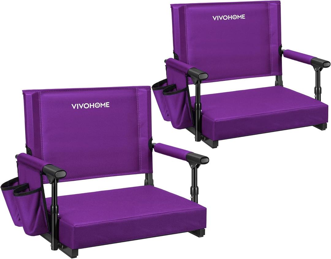 VIVOHOME Stadium Seats with Back Support and Cushion, 2 Pack Portable Bleacher Chairs with Cup Holder and Shoulder Strap (Purple)