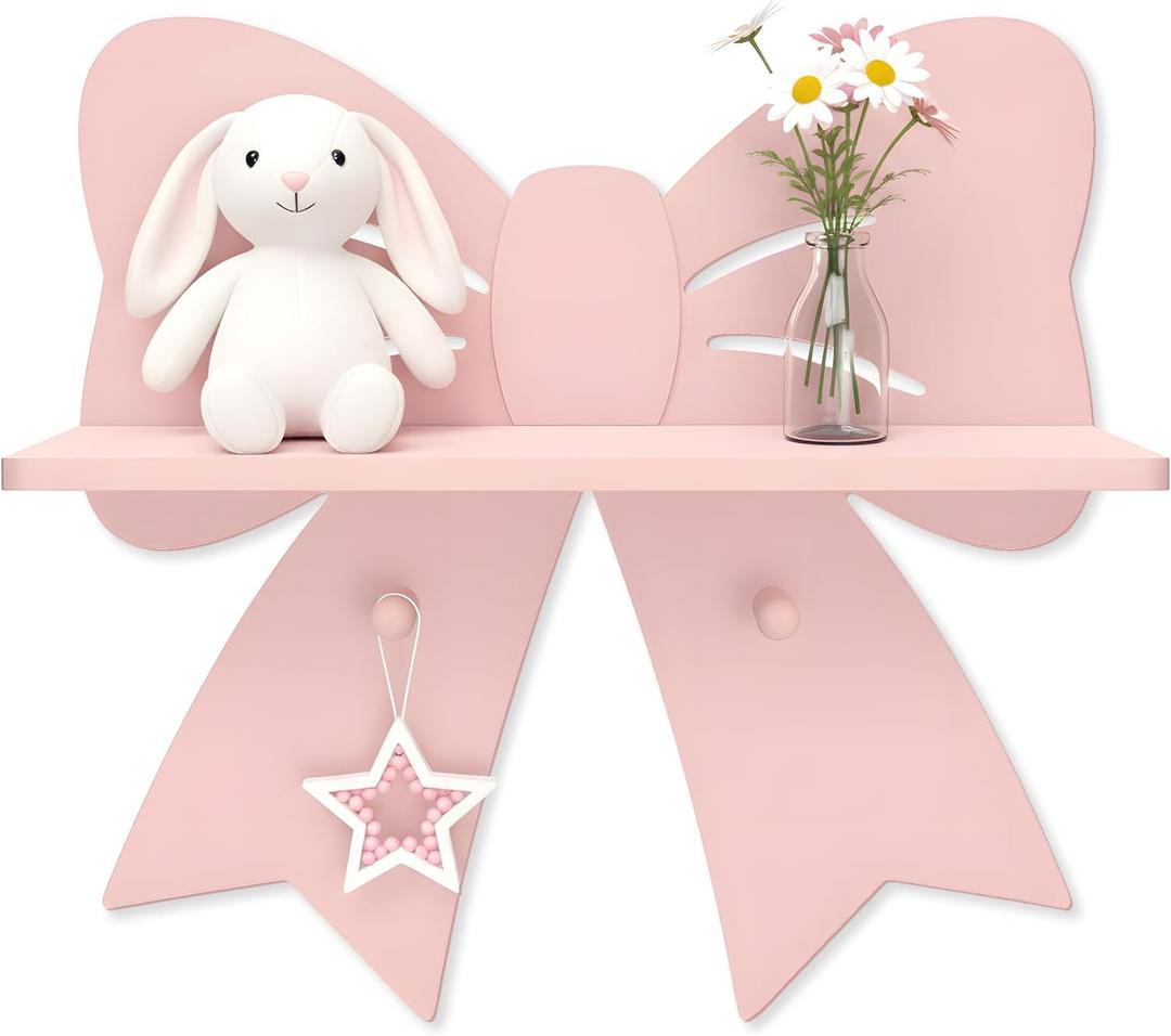 Bow Shaped Floating Shelf with Hooks, Pink Wooden Wall Decor for Girls Room | Wooden bow shelf for trinkets, jewelry, hair bows and accessories; pink wall organizer for girls bedroom and vanity decor