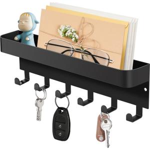 RELBRO Magnetic Key Holder for Fridge, Metal Wall Mount Key Rack with Shelf, 6 Hooks, 2 Installation Options, Black