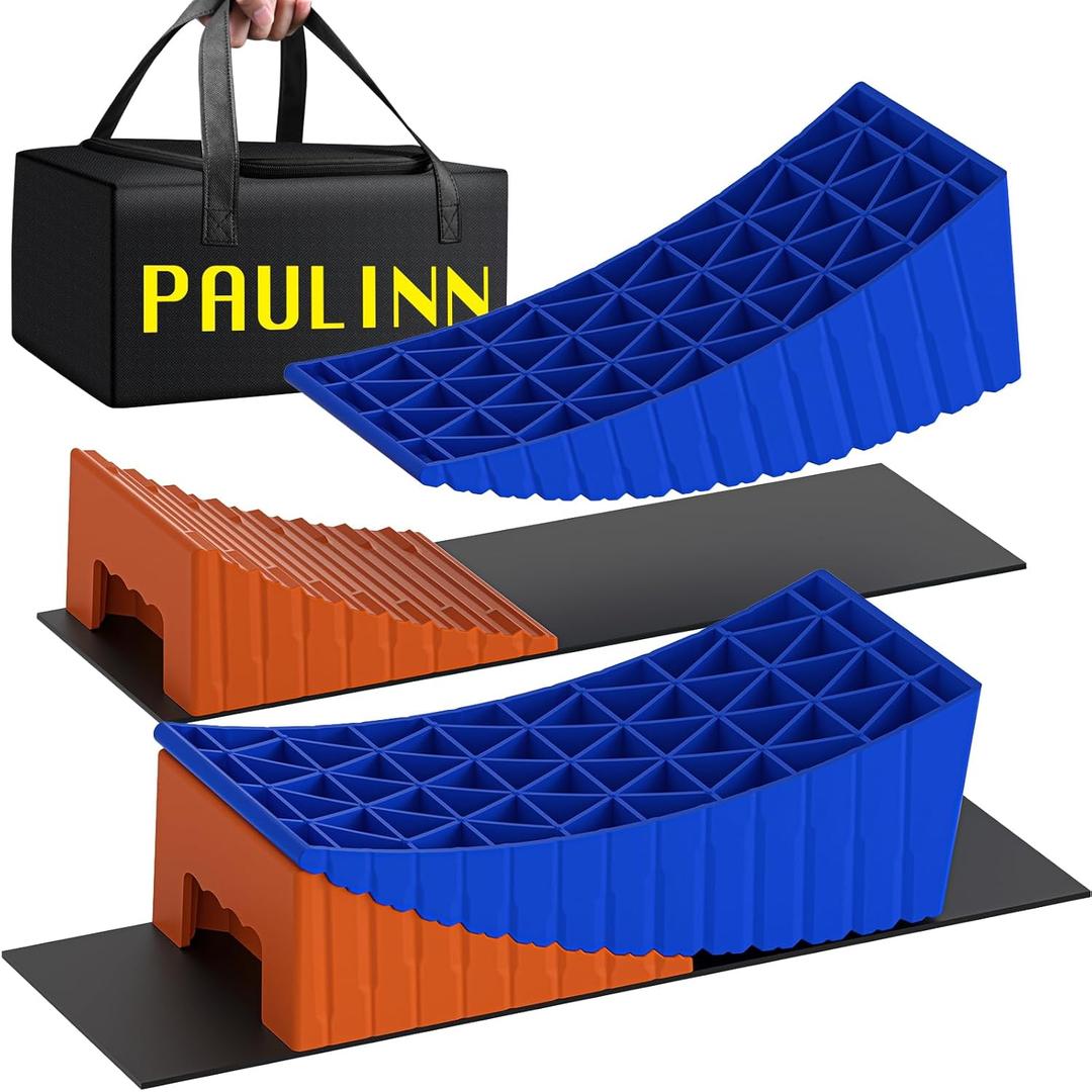 PAULINN RV Camper Levelers, 2 Packs RV Leveling Blocks Heavy Duty & Upgraded Up to 35,000 lbs, Curved Leveling RV Accessories with 2 Anti-Slip Mats & Carrying Bag, Faster & Easier to Level (Blue-Orange)