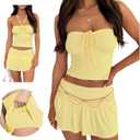 Summer Two Piece Outfits for Women Y2K Going Out Tie Ruched Tube Crop Tops Low Rise Pleated Mini Skort Skirt Sets (Medium, Yellow)