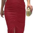 CHICME Summer Dresses for Women Floral Print Plunge V Neck Midi Dress Casual Ruched Slit Bodycon Party Dress (X-Large, Red)