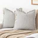 Throw Pillow Covers 18x18 Set of 2 Striped Fringe Pillow Cover Farmhouse Cushion Covers with Tassel Neutral Boho Pillows Decorative Square Pillowcase for Couch Sofa Bed, Black