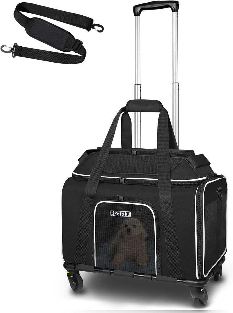 Petskd Top-Expandable Pet Carrier with Wheels 18x11x11 Inches Delta American United Airline Approved, Soft-Sided Carrier for Small Cats Dogs with Locking Safety Zippers and Anti-Scratch Mesh (Black)