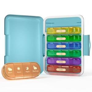 Codcaw Weekly Pill Organizer 4 Times a Day, 7 Day Pill Box 4X, Portable for Travel Pill Case for Pills/Vitamin/Fish Oil/Medication/Supplements (4x7 Blue+Rainbow)