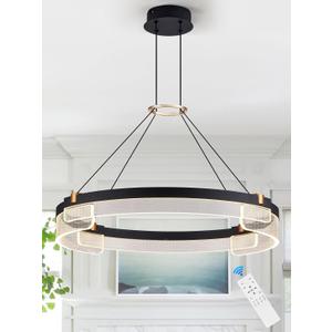 Benkut Modern LED Pendant Light Dimmable Black LED Chandelier for Dining Room Pendant Light Fixture Over Table Modern Chandelier Kitchen Island Living Room Entryway, 24 inch 3000K-6500K, 1 Ring Circular D24in
