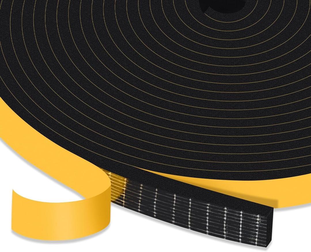 Thin Foam Weather Stripping Seal Tape 1" Wide x 1/4" Thick, High Density Closed Cell Door Insulation Gasket for Door Frame, Window, Sliding Door, Cabinet, Soundproofing, Black, Total 16.5Ft